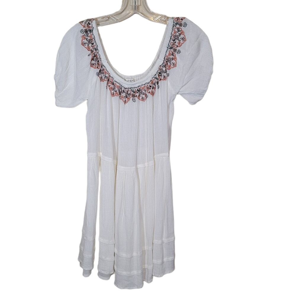 Umgee Mini Flowy Dress Embroidered Scoop Neck Short Balloon Sleeves White Medium